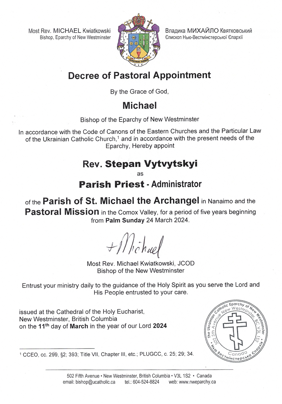Letter of appointment of Father Stepan Vytvytskyi to St Michael’s parish.